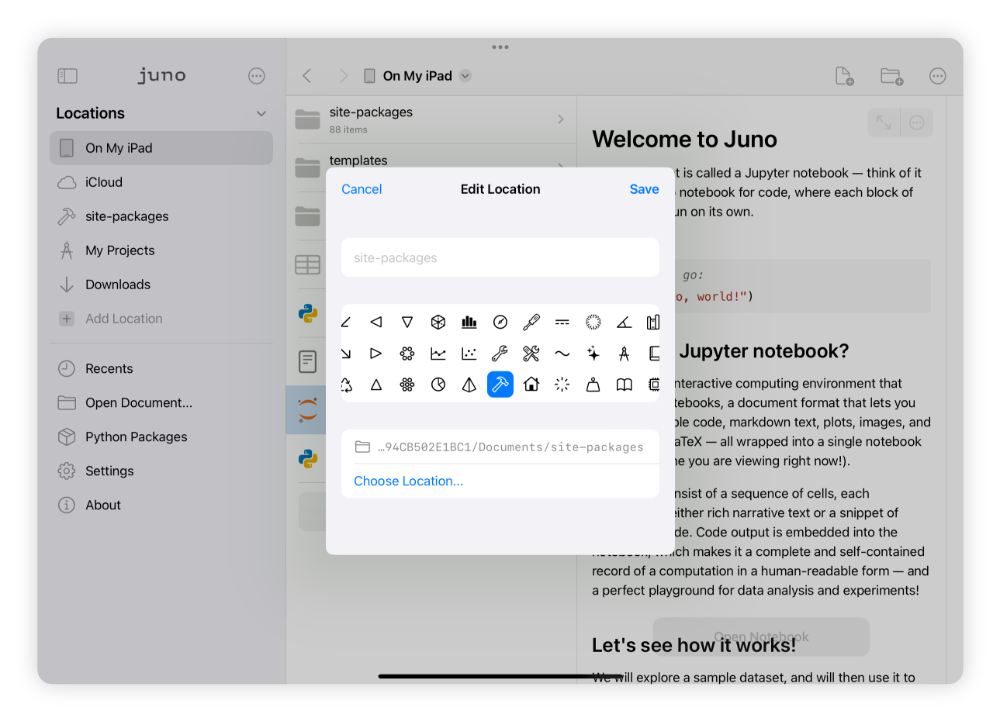 Juno's file browser bookmark details