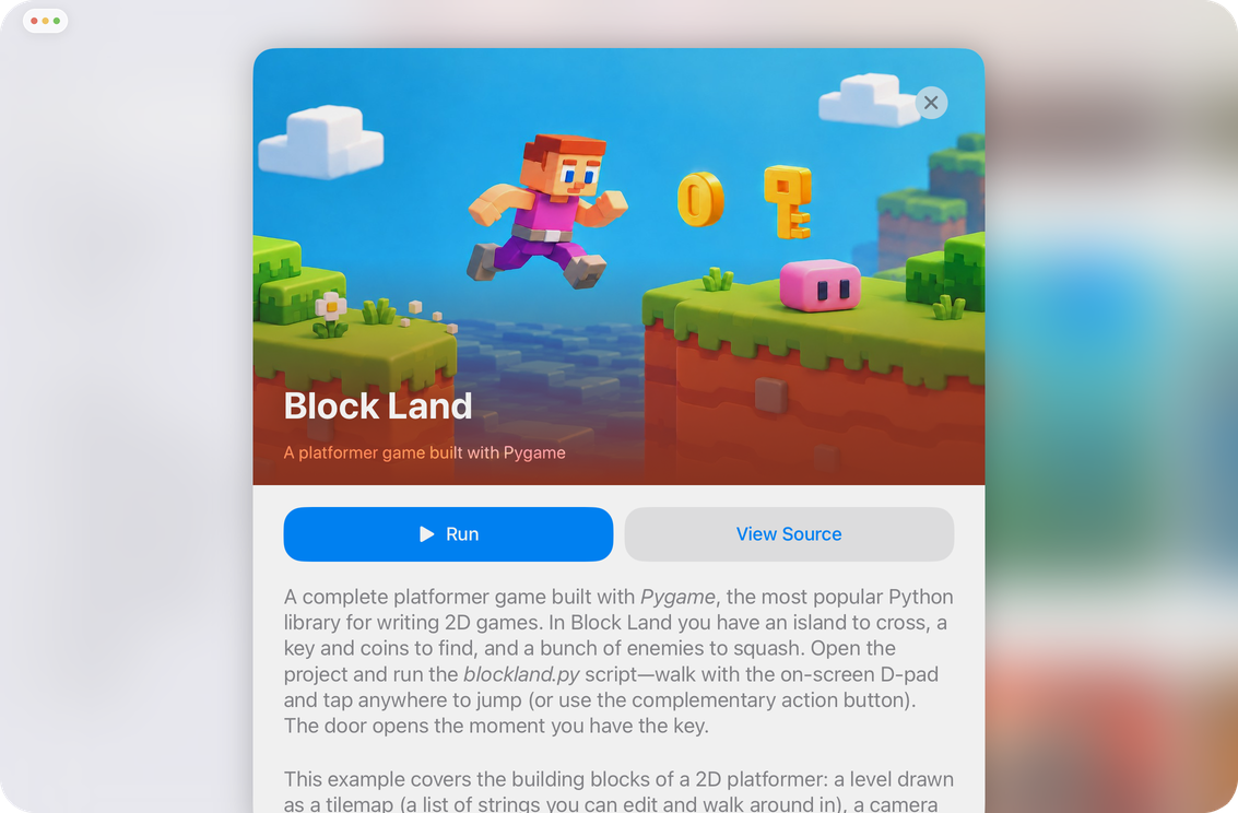 The expanded Block Land card on Juno's Home screen, showing its artwork, description, and Run and View Source buttons