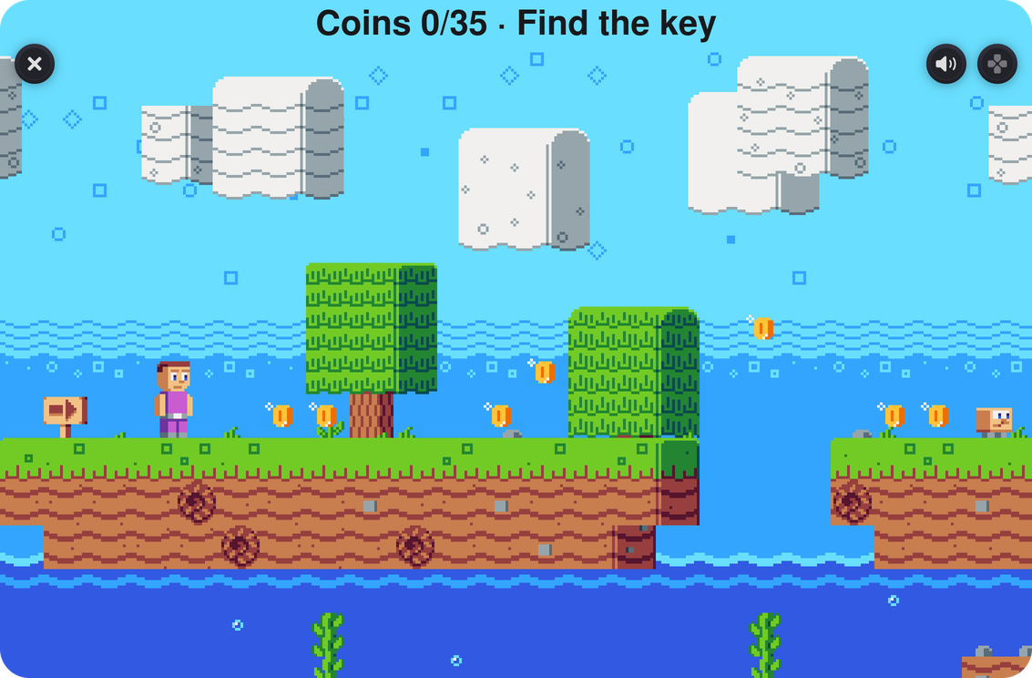 Block Land running full screen in Juno, a pixel-art platformer with a coin counter and on-screen controls