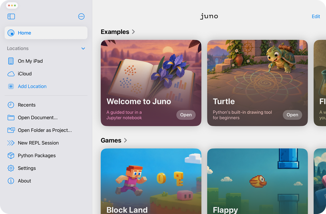Juno's new Home screen on iPad, with the sidebar beside a row of Examples cards above a row of Games cards