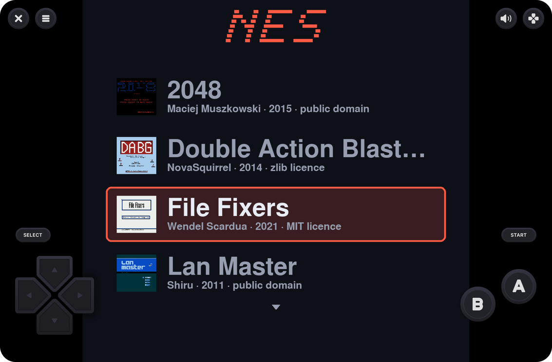 Juno's NES emulator launcher, listing homebrew games with thumbnails and credits above an on-screen D-pad and A and B buttons