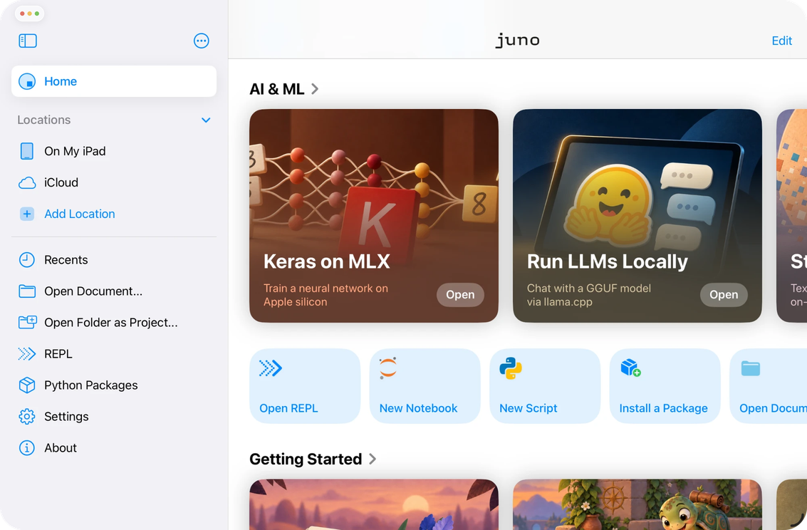 Juno's Home screen on iPad, with the sidebar beside the new AI & ML row of project cards above the quick actions and Getting Started