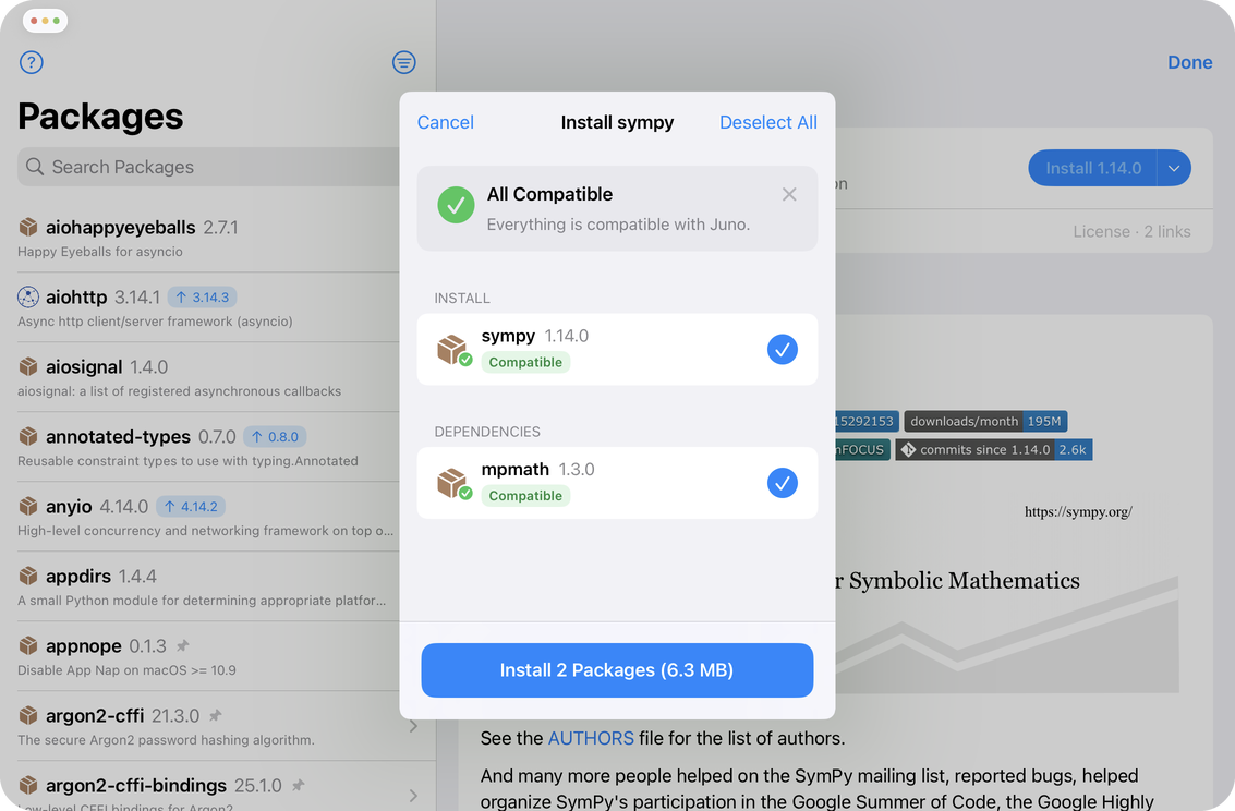 The completed install plan for sympy with an All Compatible banner and an Install 2 Packages button