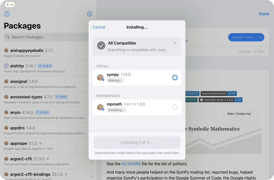 The review sheet installing: mpmath installs first while sympy waits, with the button reading Installing 1 of 2