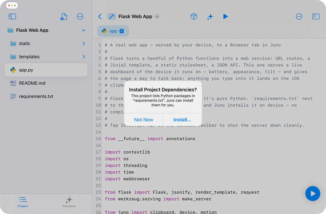 A Flask project open in Juno with the Install Project Dependencies alert offering Not Now and Install