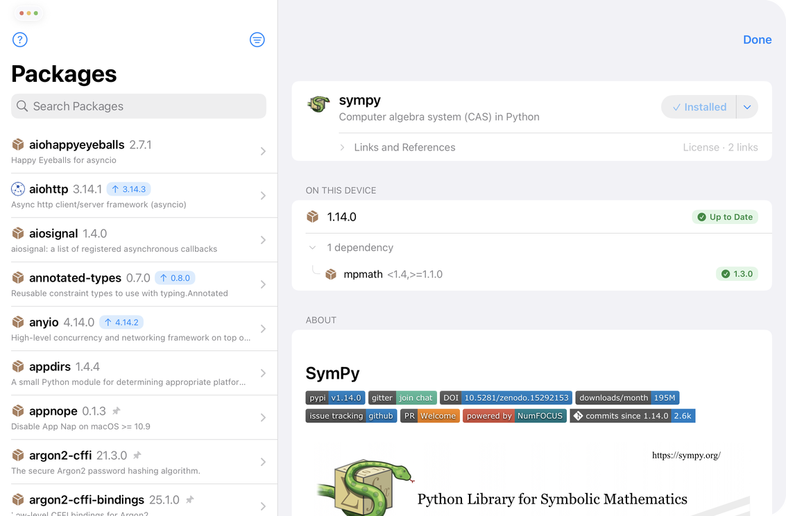 Package page for an installed copy of sympy, showing the Up to Date badge and its mpmath dependency