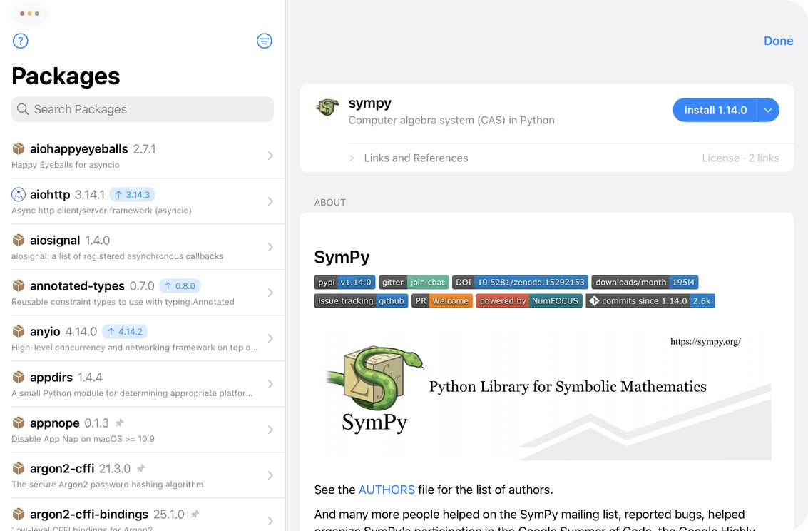 Juno's package manager with the packages list on the left and the sympy package page on the right