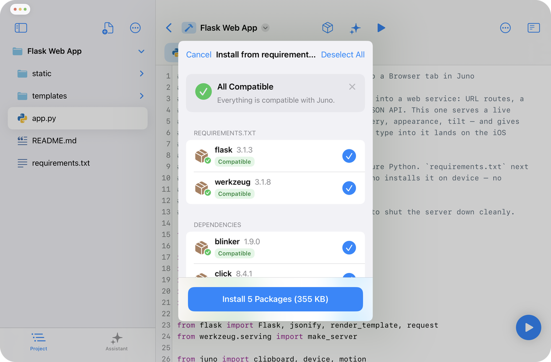 Install from requirements.txt sheet listing flask and werkzeug with their resolved dependencies