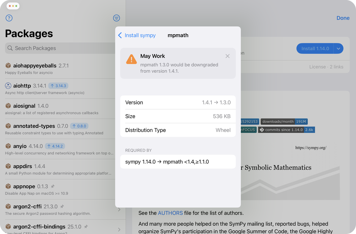 Detail card for mpmath in the review sheet, marked May Work because it would be downgraded from version 1.4.1