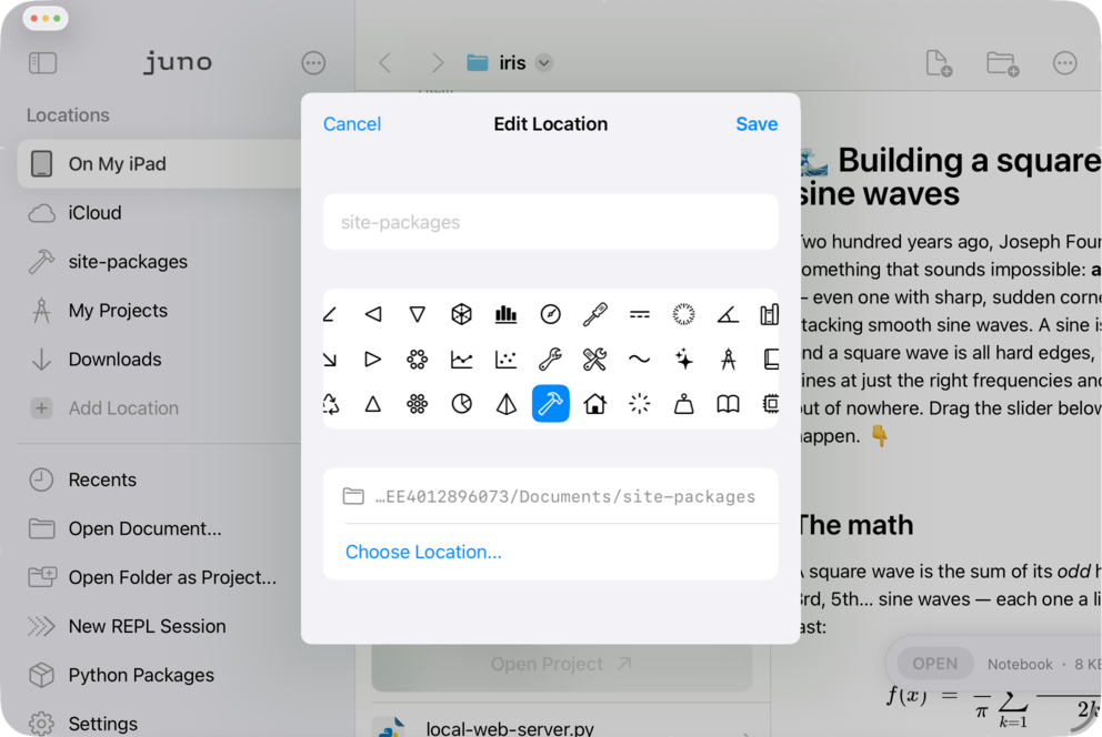 Juno Edit Location form for a file-browser bookmark