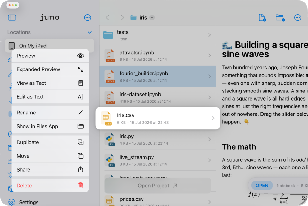Juno file browser with a file's context menu open
