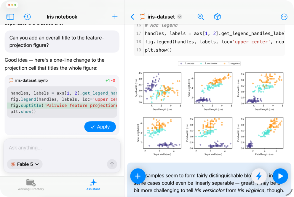 Juno AI coding assistant suggesting a reviewable notebook change beside the resulting plot