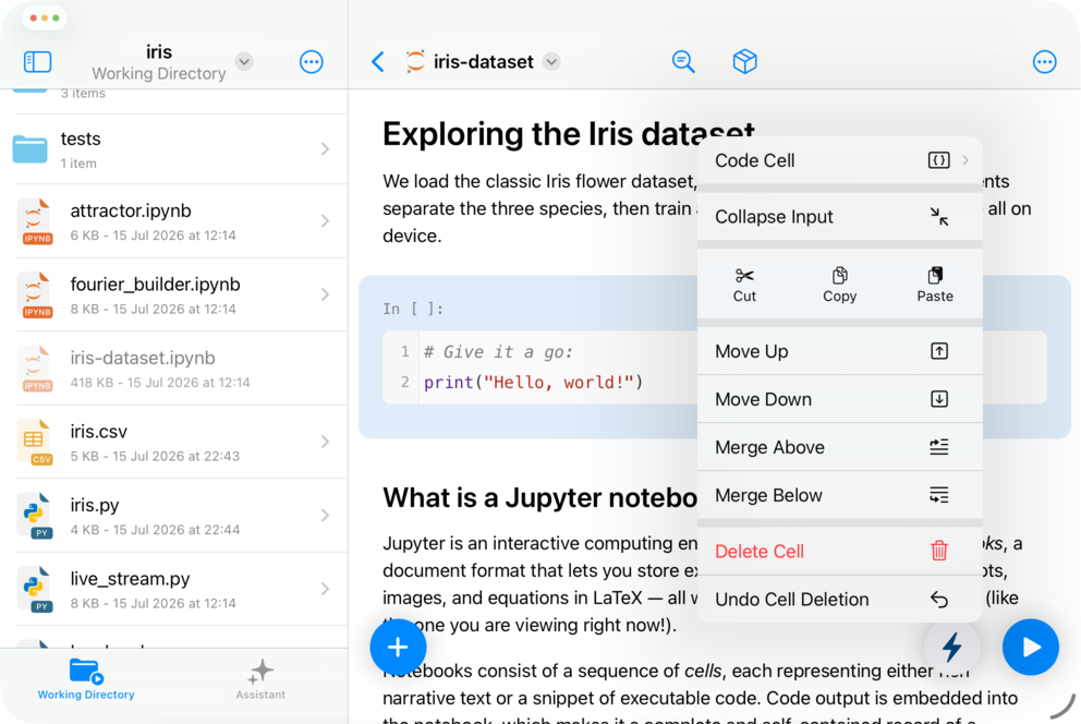 Juno notebook workspace with the selected cell's menu open