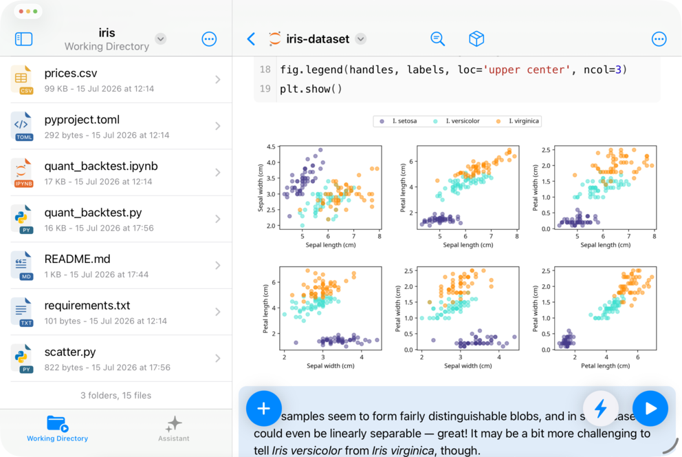 Juno notebook workspace with a working directory browser and rendered Matplotlib plots