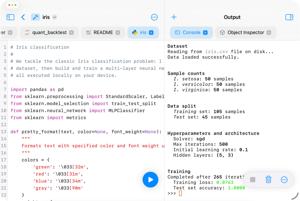 Juno project workspace with a Python editor and Console tab in the Output sidebar
