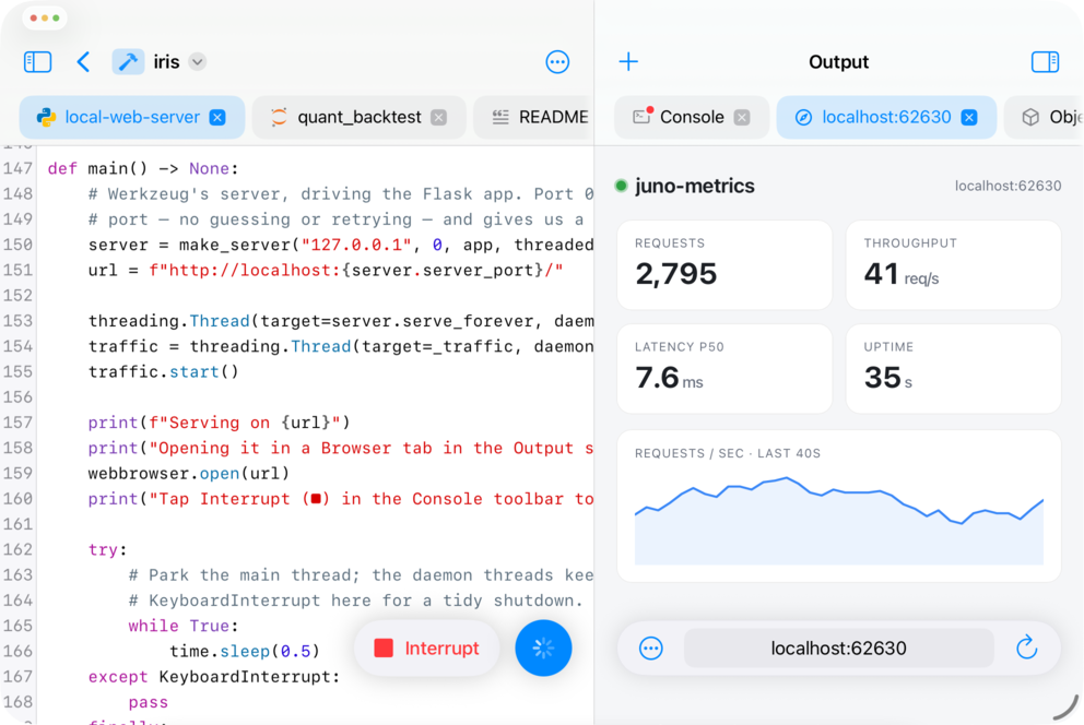 Local Flask web app in a Browser tab beside its Python source in a Juno project