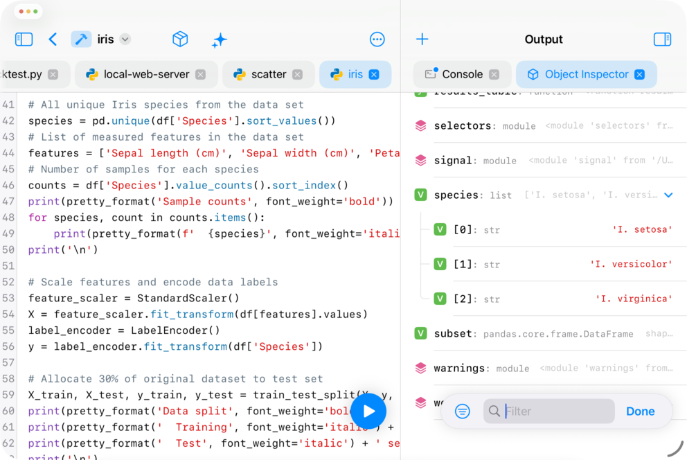 Object Inspector showing expandable Python variables beside a project source file