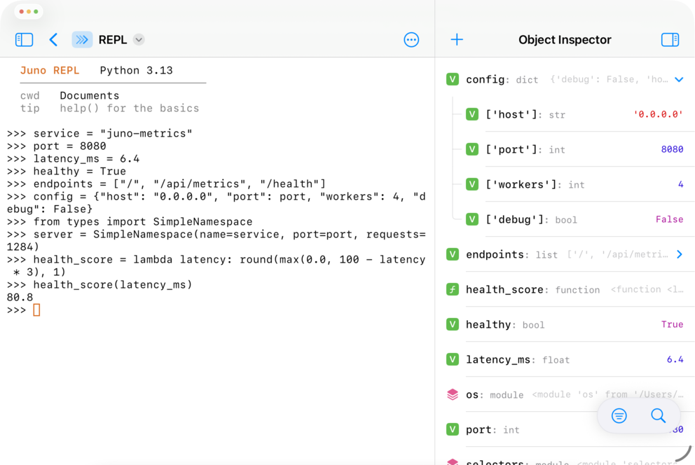 Juno Python 3.13 REPL beside Object Inspector showing live variables