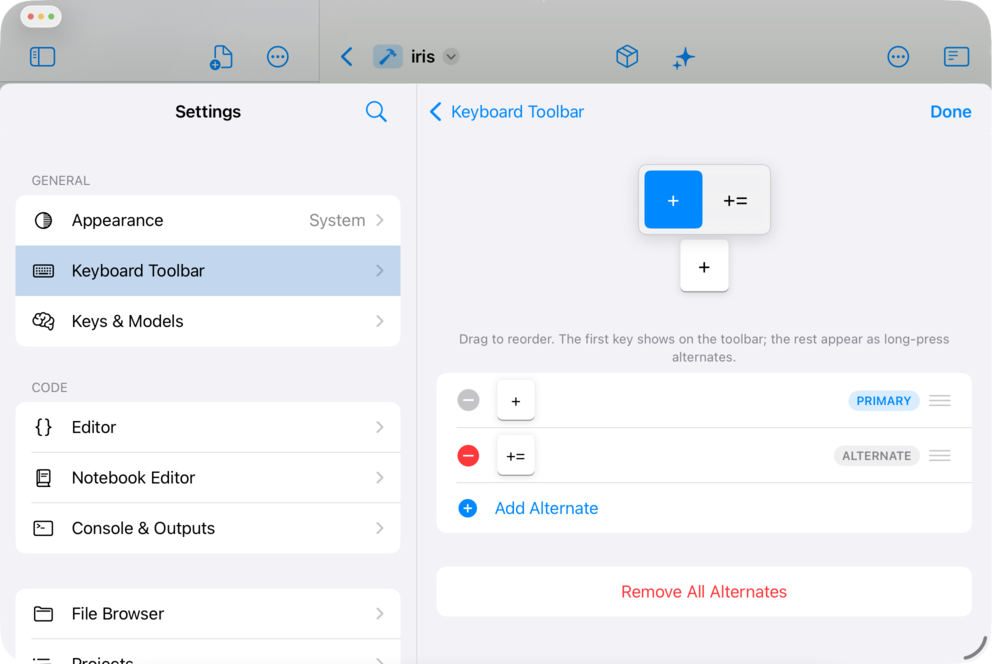Juno Keyboard Toolbar settings with a primary key and long-press alternative