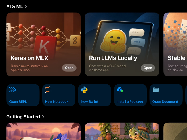 Juno Home screen showing the AI & ML row of project cards: Keras on MLX, Run LLMs Locally and Stable Diffusion, above the quick actions