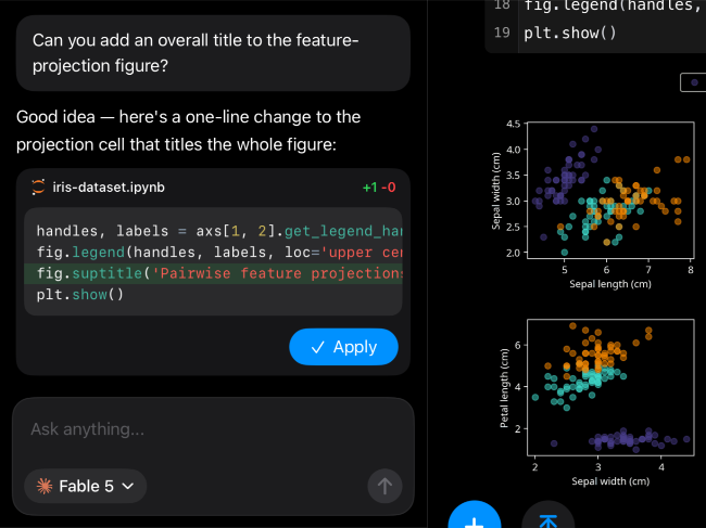 Juno AI coding assistant showing a reviewable code change beside a Jupyter notebook