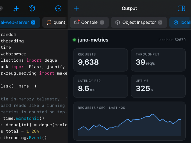 Juno Python project running a Flask web app in the built-in browser