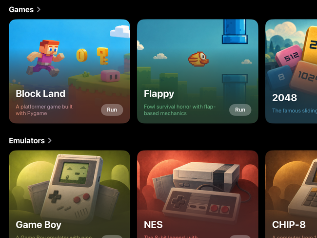 Juno Home screen showing the Games row with Block Land, Flappy and 2048 above the Emulators row with Game Boy, NES and CHIP-8