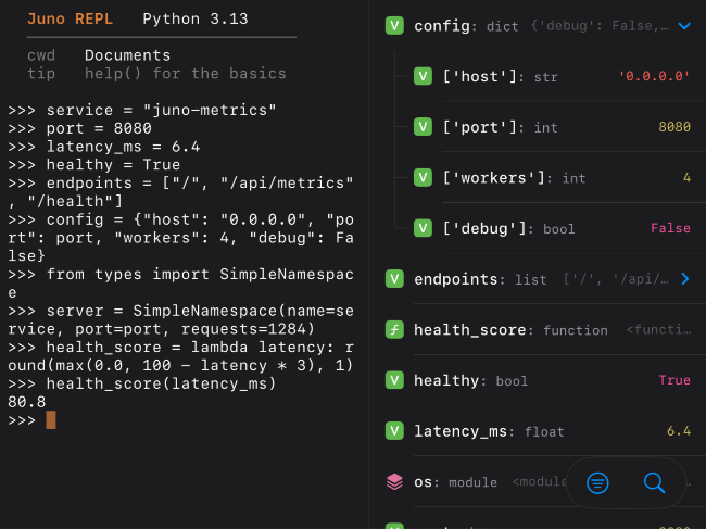 Juno Python 3.13 REPL alongside Object Inspector showing session variables and functions